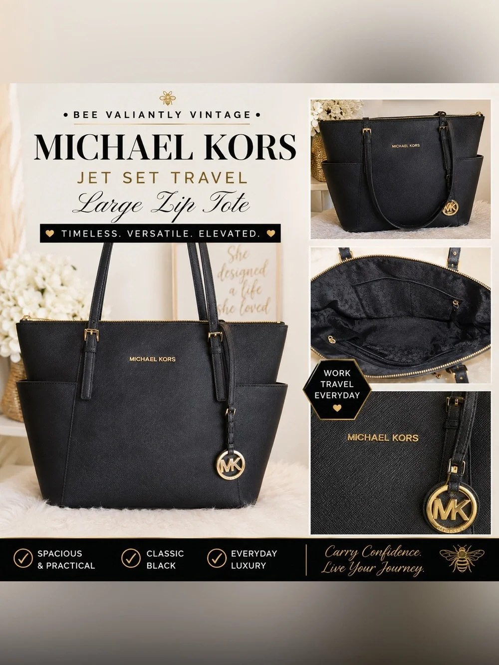 Michael Kors Jet Set Travel Large Black Saffiano Leather Zip Tote | Classic